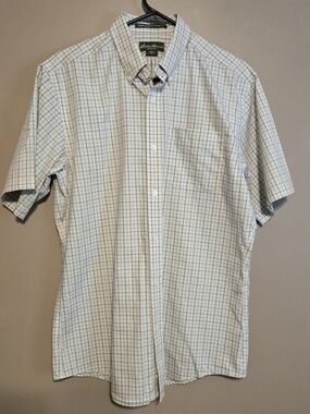 Eddie Bauer White Short-Sleeve Button-Down Shirt Cream with Blue Windowpane